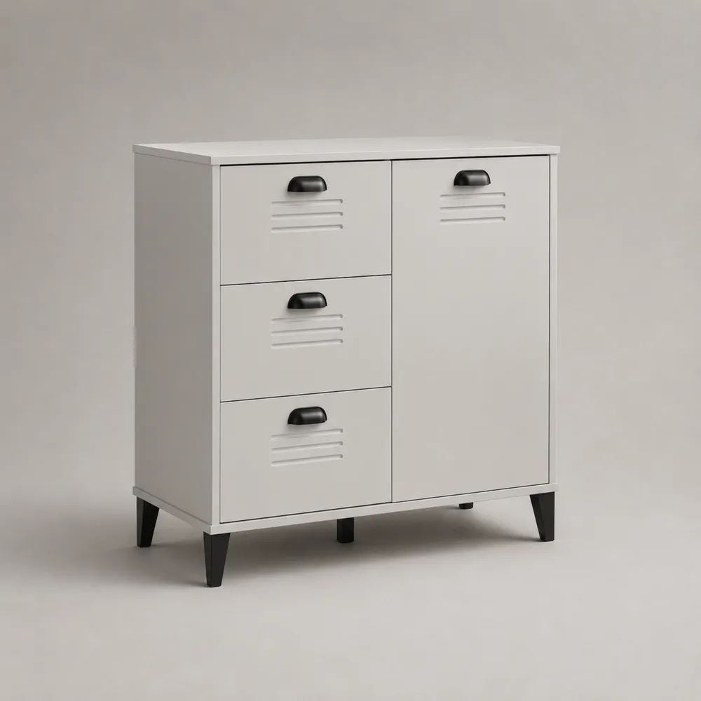 Credenza in acciaio con 3 cassetti e 1 anta, grigio chiaro e nero, 80 x 40 x 100 cm