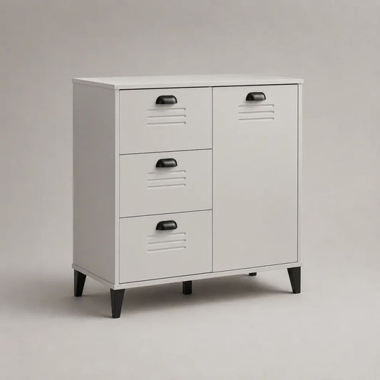 Credenza in acciaio con 3 cassetti e 1 anta, grigio chiaro e nero, 80 x 40 x 100 cm
