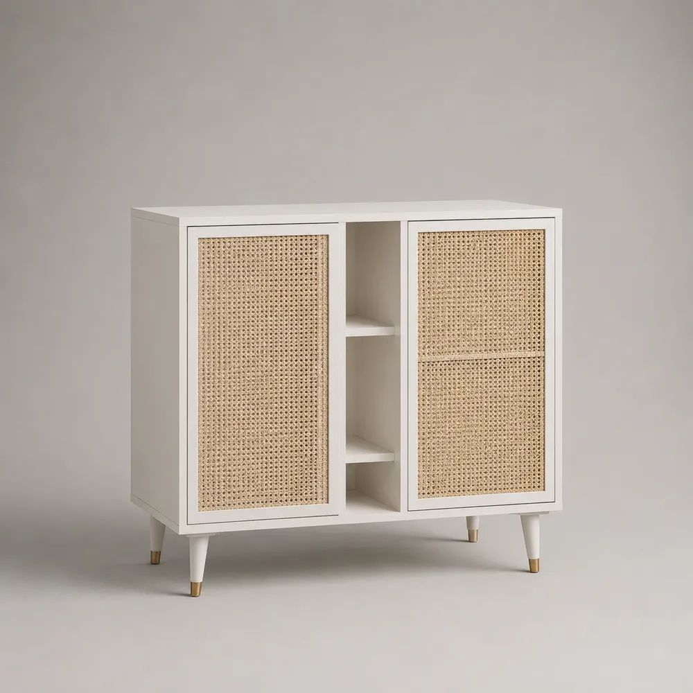 Credenza rettangolare in MDF e rattan con 1 anta, 2 cassetti e 3 vani aperti, bianco e naturale, 100 x 40 x 100 cm