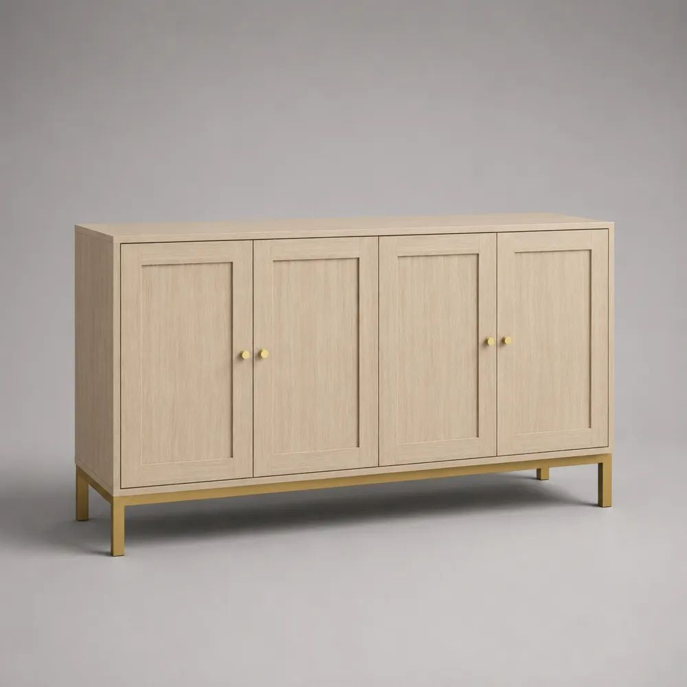 Credenza rettangolare a 4 ante in MDF impiallacciato rovere e acciaio dorato, 160 x 40 x 90 cm