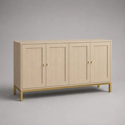 Credenza rettangolare a 4 ante in MDF impiallacciato rovere e acciaio dorato, 160 x 40 x 90 cm