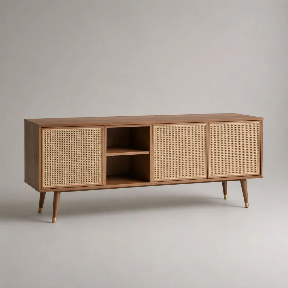 Mobile TV credenza rettangolare a 3 ante in MDF impiallacciato noce e rattan naturale, marrone noce, 160 x 40 x 75 cm