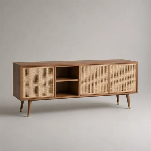 Mobile TV credenza rettangolare a 3 ante in MDF impiallacciato noce e rattan naturale, marrone noce, 160 x 40 x 75 cm