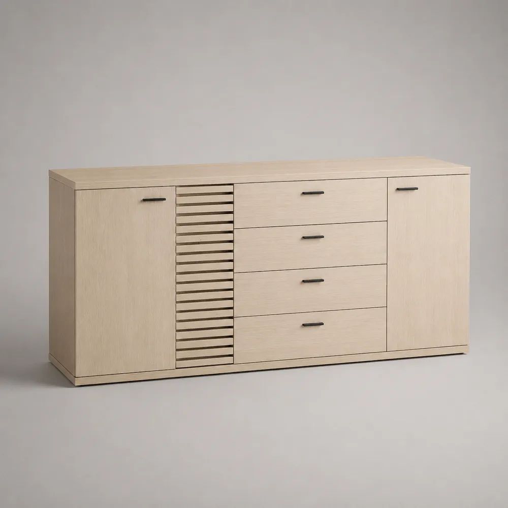 Credenza rettangolare in pannello truciolare melaminico effetto rovere chiaro con 2 ante e 4 cassetti, 160 x 40 x 80 cm