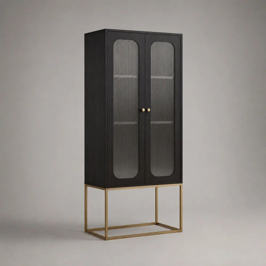 Vetrina credenza alta a 2 ante in legno con vetro scanalato e base in acciaio, nero e ottone, 80 × 40 × 180 cm