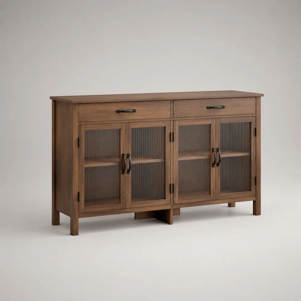 Credenza rettangolare in legno massello di pino e vetro scanalato, marrone e nero, 150 x 40 x 90 cm